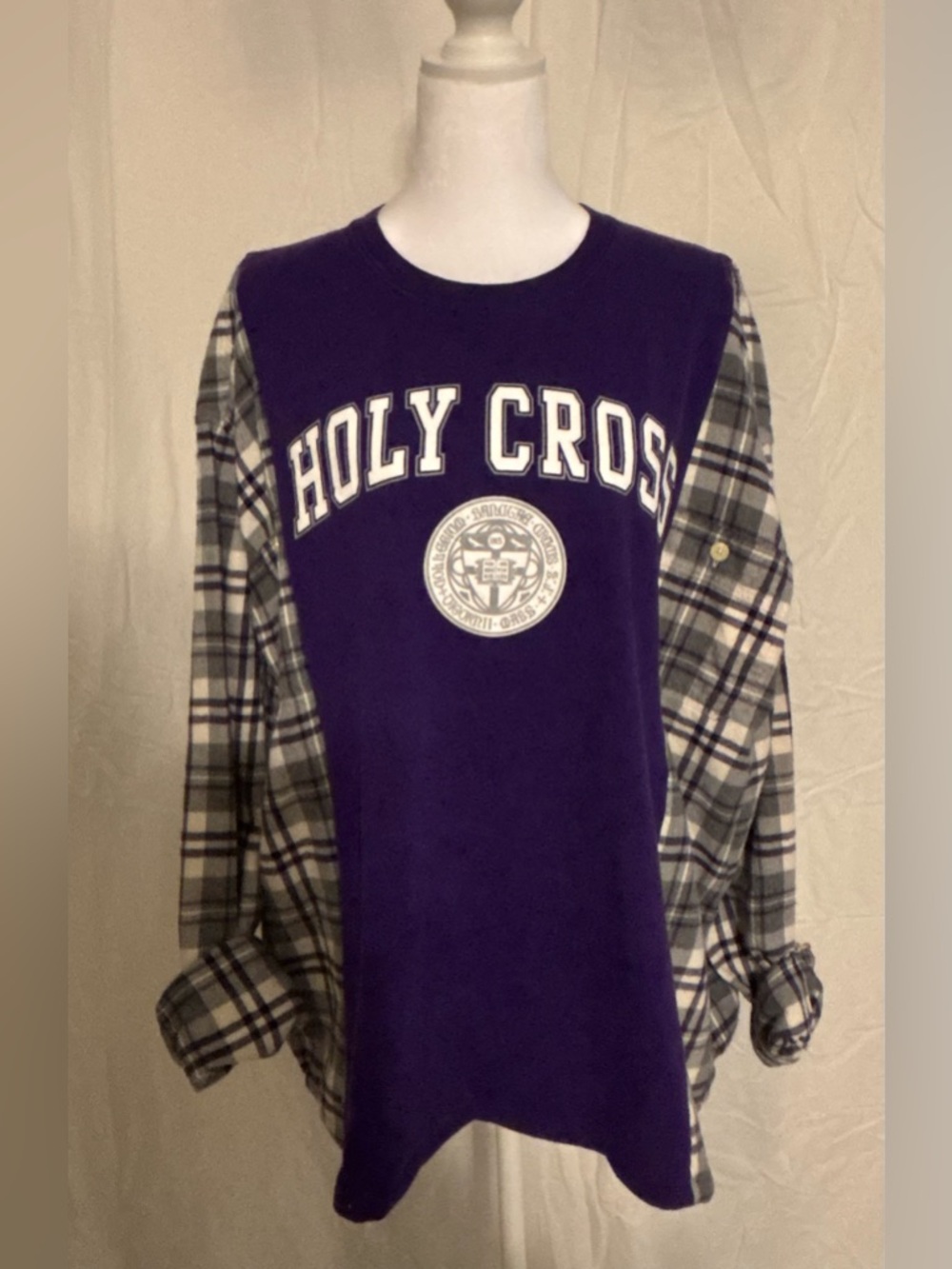 Upcycled Holy Cross College Oversized half flannel shirt. Purple & White